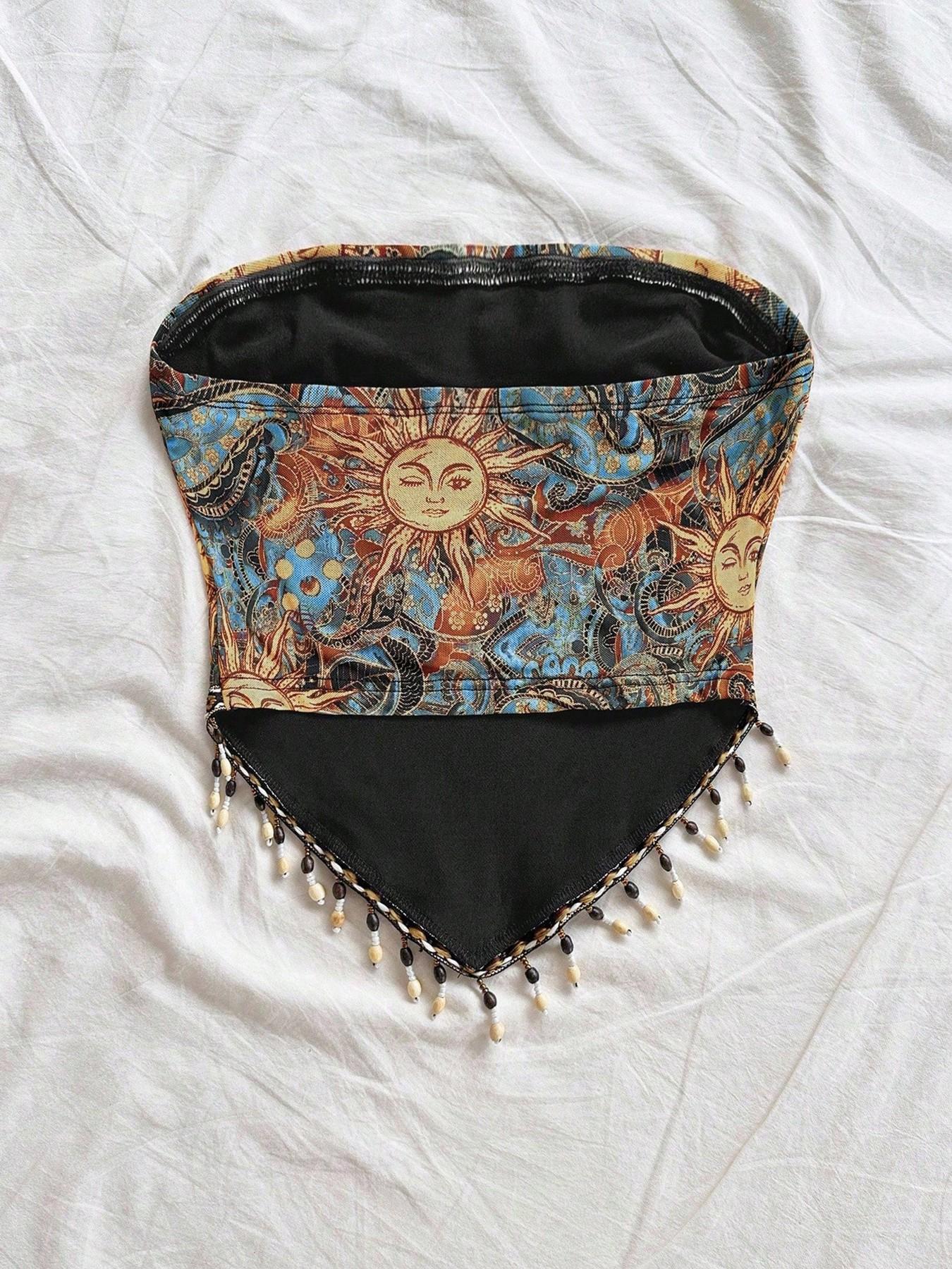 Ladies' 1pc Printed Mesh Knitt - Beaded Trim Fringe ulasan dan harga